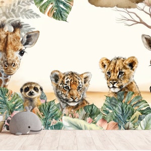 Carta da parati safari per bambini, giraffa, zebra, leone, tigre. Carta da parati fotografica per l'asilo, la scuola.  Tecnologie UV-LED N. M123