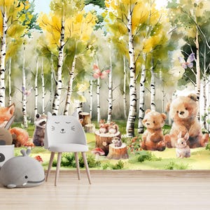 carta da parati con animali del bosco | murale con animali della foresta | carta da parati con foresta | carta da parati con foresta per bambini | autoadesiva o foderata | M202