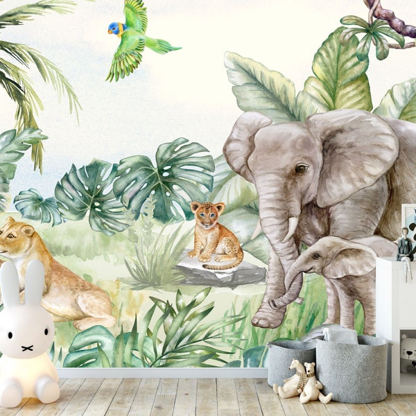 Safari wallpaper, Animals wallpaper, Jungle Wallpaper, Tropical Forest wallpaper, elephant family, lion family UV LED technology No.038