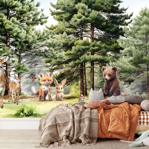 Carta da parati con animali del bosco | murale con animali della foresta | carta da parati con foresta | carta da parati per bambini con foresta | autoadesiva o interfodera | M204