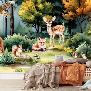 Carta da parati con animali del bosco | murale con animali della foresta | carta da parati con foresta | carta da parati con foresta per bambini | autoadesiva o interfodera | M205
