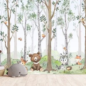 Woodland animals mural with crystals, mural with roe deer, wallpaper for kids forest, mural with a fox , UV LED technology No.M018