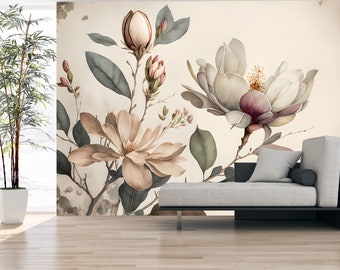 Vintage painted flowers mural, wallpaper for living room, wall mural for bedroom. No. 5512