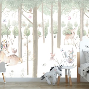 Woodland animals mural, mural with fox, mural with deer, wallpaper forest, wallpaper for kids forest, UV LED technology No.097