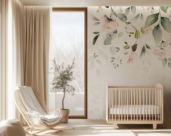 Carta da parati murale floreale rosa cipria per cameretta | Baldacchino verde acquerellato | Decorazione neutra boho per cameretta da bambina | Carta da parati con foglie cadenti M081