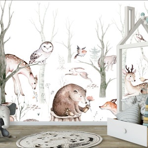 Murale di animali del bosco, murale con volpe, murale con cervo, orso, carta da parati foresta, carta da parati per bambini foresta, tecnologia UV LED No.095