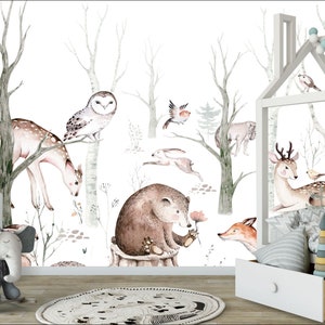 Woodland animals mural, mural with fox, mural with deer, bear, wallpaper forest, wallpaper for kids forest,  UV LED technology No.095