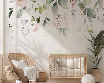 Blush Floral Nursery Wallpaper Mural, Watercolor Eucalyptus Botanical Canopy, Boho Baby Girl Room Decor | Wallpaper with falling leaves M081