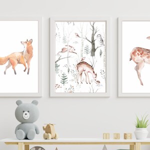 Set mit 3 Postern für Kinderzimmer, Fuchsposter, Hirschposter, Waldtierposter, Fotos für ein Kinderzimmer MP003