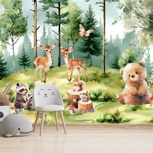 Carta da parati con animali del bosco | Carta da parati con animali della foresta | Carta da parati con foresta | Carta da parati con foresta per bambini | Autoadesiva o interfodera | M203