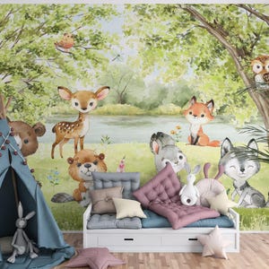 Carta da parati con animali del bosco | murale con animali della foresta | vivaio nel bosco | Autoadesiva o foderata | materiali di alta qualità | M194
