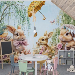 Carta da parati con coniglietti e animali della foresta | murale di una famiglia di lepri | carta da parati con conigli | materiali di alta qualità | murale personalizzato | M214