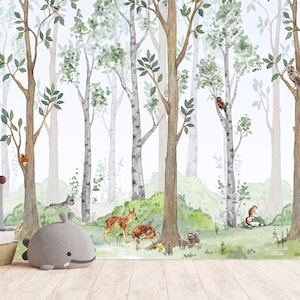 Carta da parati con animali del bosco, carta da parati con coniglietti, carta da parati con cervi, carta da parati foresta, carta da parati per bambini foresta, tecnologia LED UV No.017
