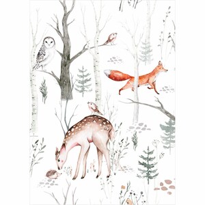 Poster für Kinder, Reh, Wolf, Eule, Bär, Hasenwald, Aquarell, hochwertiges Stoffmaterial 240G, 70 Muster zur Auswahl.