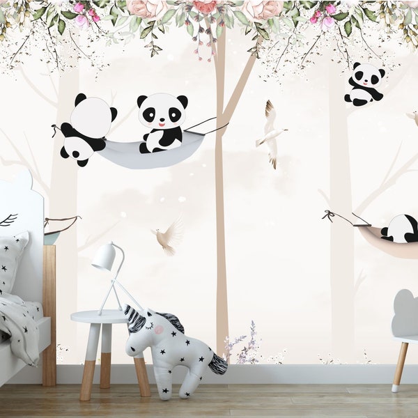 Carta da parati per bambini panda, murale di un panda in una foresta, carta da parati Kids Room, tecnologia LED UV per vivaio 330