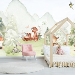 Murale di animali del bosco, murale con volpe, murale con cervi, carta da parati foresta, carta da parati per bambini foresta, tecnologia UV LED No.035