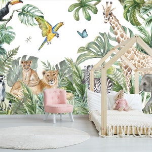 Safari, giraffa, elefante, pappagalli, zebre, leoni, giungla, murale di scimmie, carta da parati per bambini su misura, animali selvatici No. DWK0096 ·