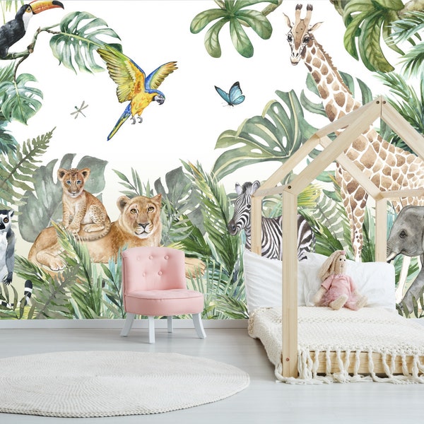 Safari, giraffe, olifant, papegaaien, zebra, leeuw, jungle, apen muurschildering, op maat gemaakt kinderbehang, wilde dieren Nee. Dwk0096