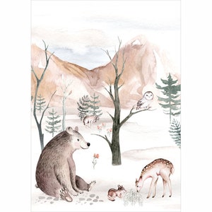 Poster für Bär, Reh, Eule, Wald, Wolf, Aquarell, hochwertiges Stoffmaterial 240G, 70 Muster zur Auswahl.