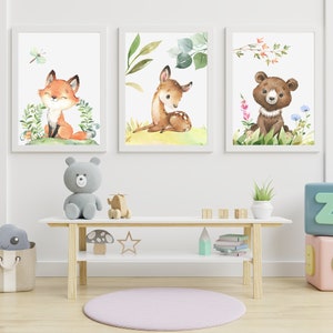 Set of 3 posters for children rooms, forest animals, baby fox, baby roe deer,baby bear, for kindergarten, school MP045