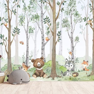 Woodland animals mural, mural with bunnies, mural with deer, wallpaper forest, wallpaper for kids forest, UV LED technology No.M018