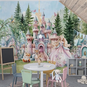 Carta da parati principessa e animali del bosco | murale castello nel bosco | Autoadesiva o foderabile | materiali di alta qualità | M214