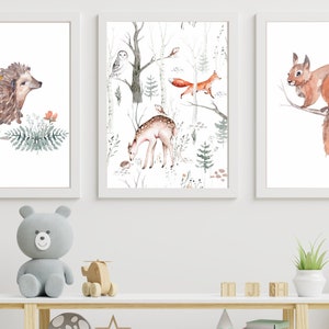 Set mit 3 Postern für Kinderzimmer, Poster Igel, Poster Eichhörnchen, Poster Waldtiere, Fotos für ein Kinderzimmer MP001