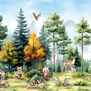 Carta da parati con animali del bosco | murale con animali della foresta | carta da parati con foresta | carta da parati per bambini con foresta | autoadesiva o interfodera | M206