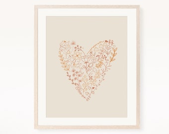 Neutral Heart Flowers Nursery Print, Boho Nursery Decor, Printable Wall Art, Digital Print, Instant Download, Baby Room Decor, Playroom Art