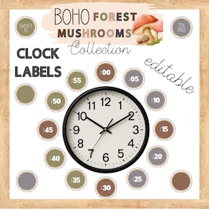May include: A set of printable clock labels featuring a mushroom theme. The labels are in a boho style with brown, beige, and gray colors. The labels are editable and include times from 00 to 55.