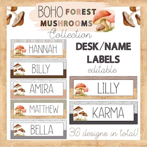 Boho Forest Mushroom Themed Classroom Desk Name Labels, Editable Classroom Decor, Neutral, Nature and Modern Classroom Display