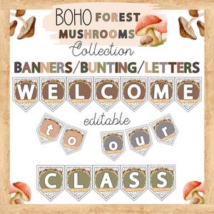 Boho Forest Mushroom Themed Classroom Bulletin Board Banner/Lettering/Bunting, Editable Classroom Decor, Neutral, Modern Classroom Display