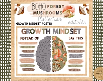 Boho Waldpilz Themen Klassenzimmer Wachstums Mindset Poster, bearbeitbares Klassenzimmer Dekor, neutrale, Natur und moderne Klassenzimmer Anzeige
