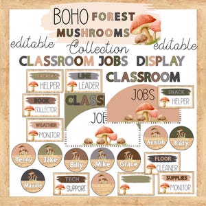 May include: A digital classroom job display set featuring mushroom illustrations and earthy tones. Includes rectangular labels for roles like Teacher's Helper, Line Leader, and Weather Monitor, plus circular name tags and a large Classroom Jobs header.