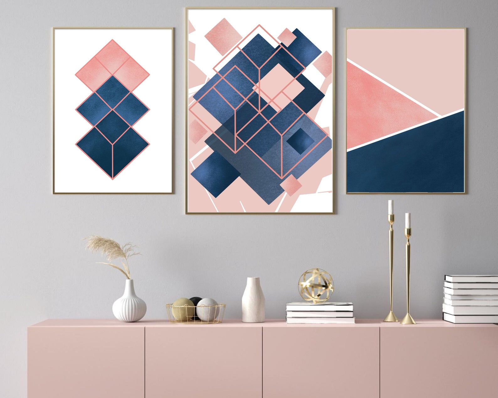 Navy Blue and Blush Pink Geometric Prints | Pink and Blue Abstract Art ...