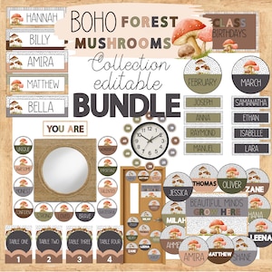 Boho Forest Mushroom Themed Classroom BUNDLE, Editable Classroom Decor, Neutral, Nature and Modern Classroom Display