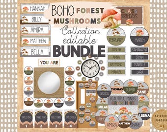 Boho Classroom Decor BUNDLE – Neutral Nature Mushroom Theme – Editable Classroom Decorations
