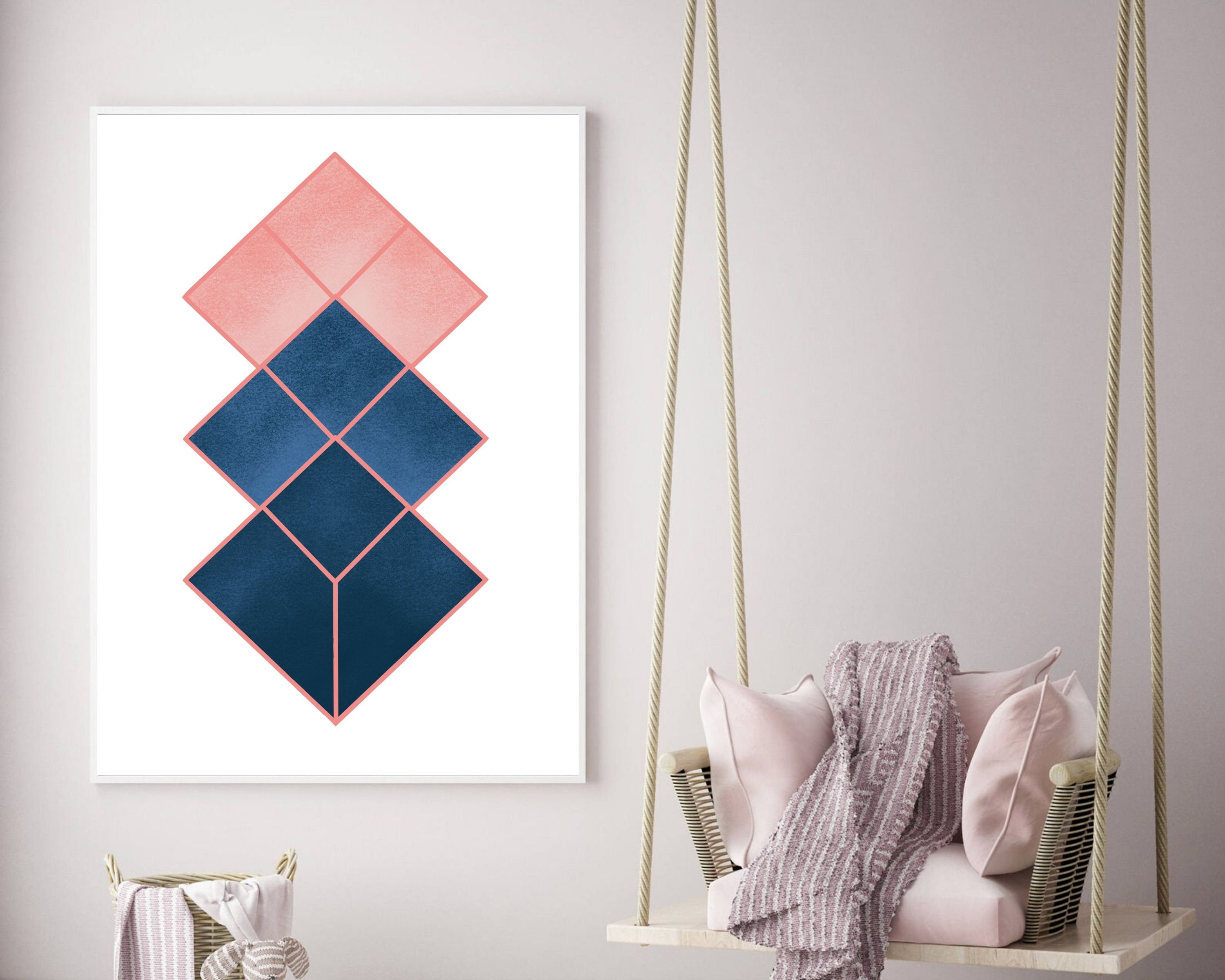 Navy Blue and Blush Pink Geometric Print | Pink and Blue Abstract Art ...