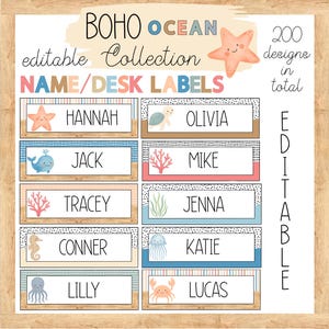 May include: A digital collection of editable name and desk labels featuring a boho ocean theme. The graphic includes illustrations of a starfish, turtle, whale, coral, seahorse, jellyfish, and crab, with text reading BOHO OCEAN editable Collection NAME/DESK LABELS.