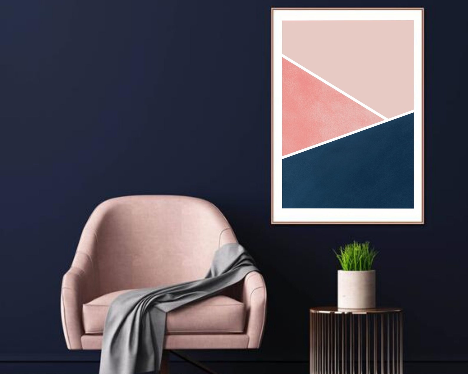 Navy Blue and Blush Pink Geometric Print | Pink and Blue Abstract Art ...
