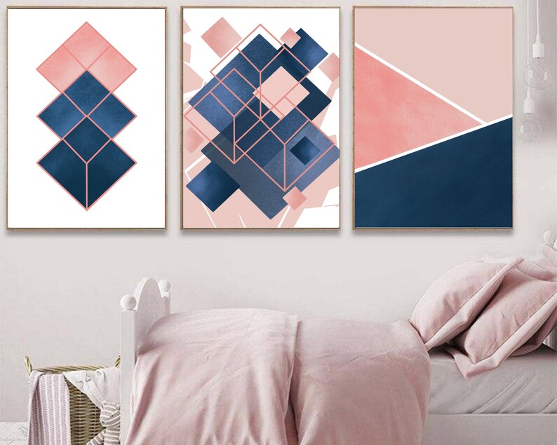 Navy Blue and Blush Pink Geometric Print Pink and Blue Abstract Art
