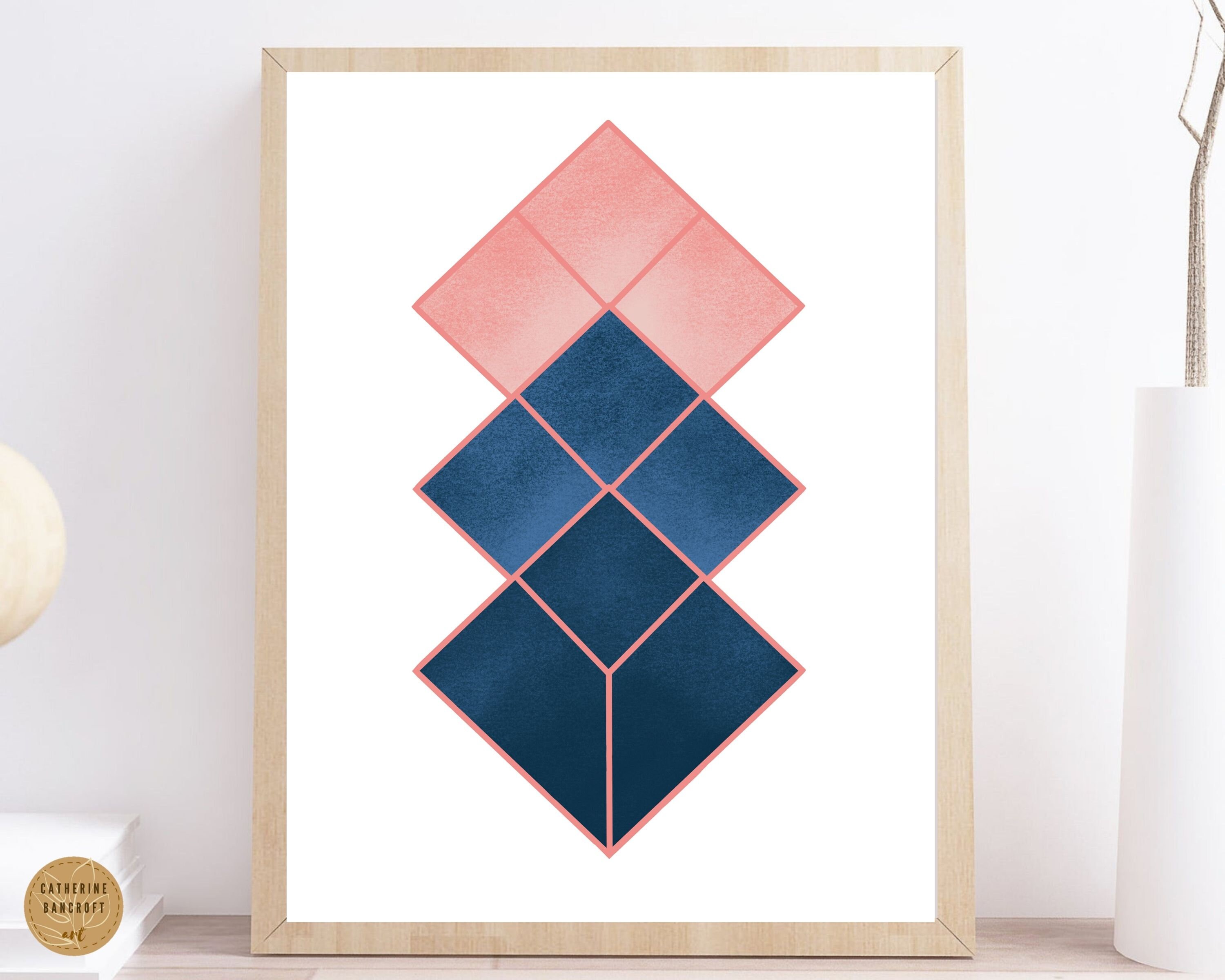 Navy Blue and Blush Pink Geometric Print Pink and Blue Abstract Art