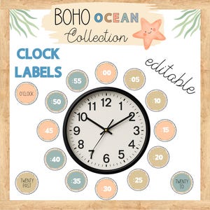 Boho havstema klocketiketter/klocknummer för klassrum, redigerbar klassrumsdekor, neutral, natur och modern klassrumsdisplay