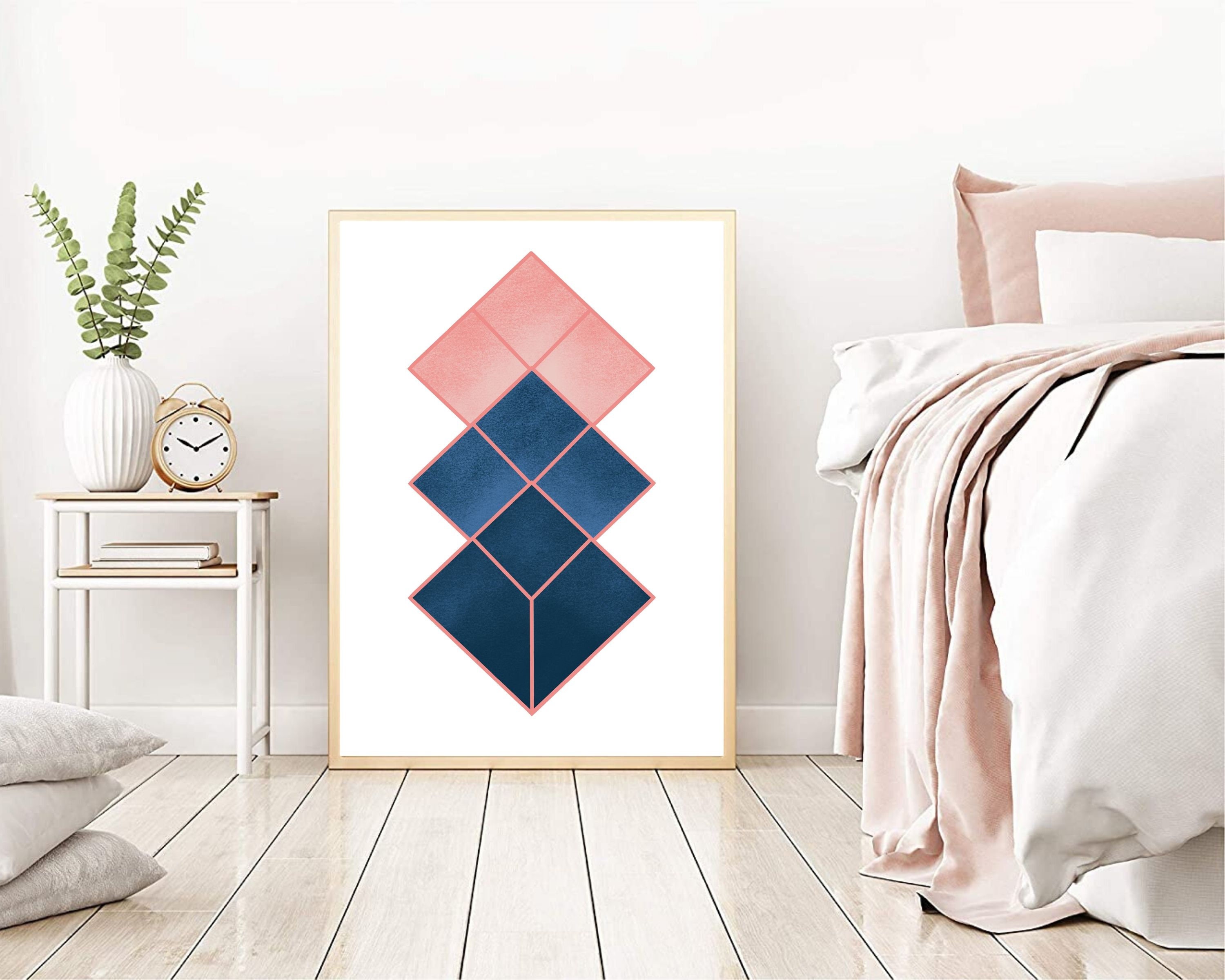 Navy Blue and Blush Pink Geometric Print Pink and Blue Abstract Art