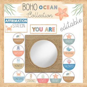May include: A Boho Ocean Collection wall sign set featuring a square mirror with a jute rope frame, surrounded by circular cards with sea creature illustrations and positive affirmations like Wonderful, Awesome, Honest, Confident, Strong, Loved, Brave, Successful, Talented, Important, Unique.