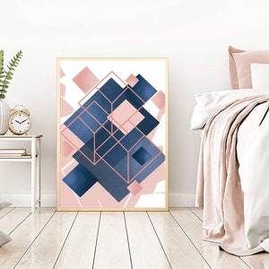 Navy Blue and Blush Pink Geometric Prints | Pink and Blue Abstract Art ...