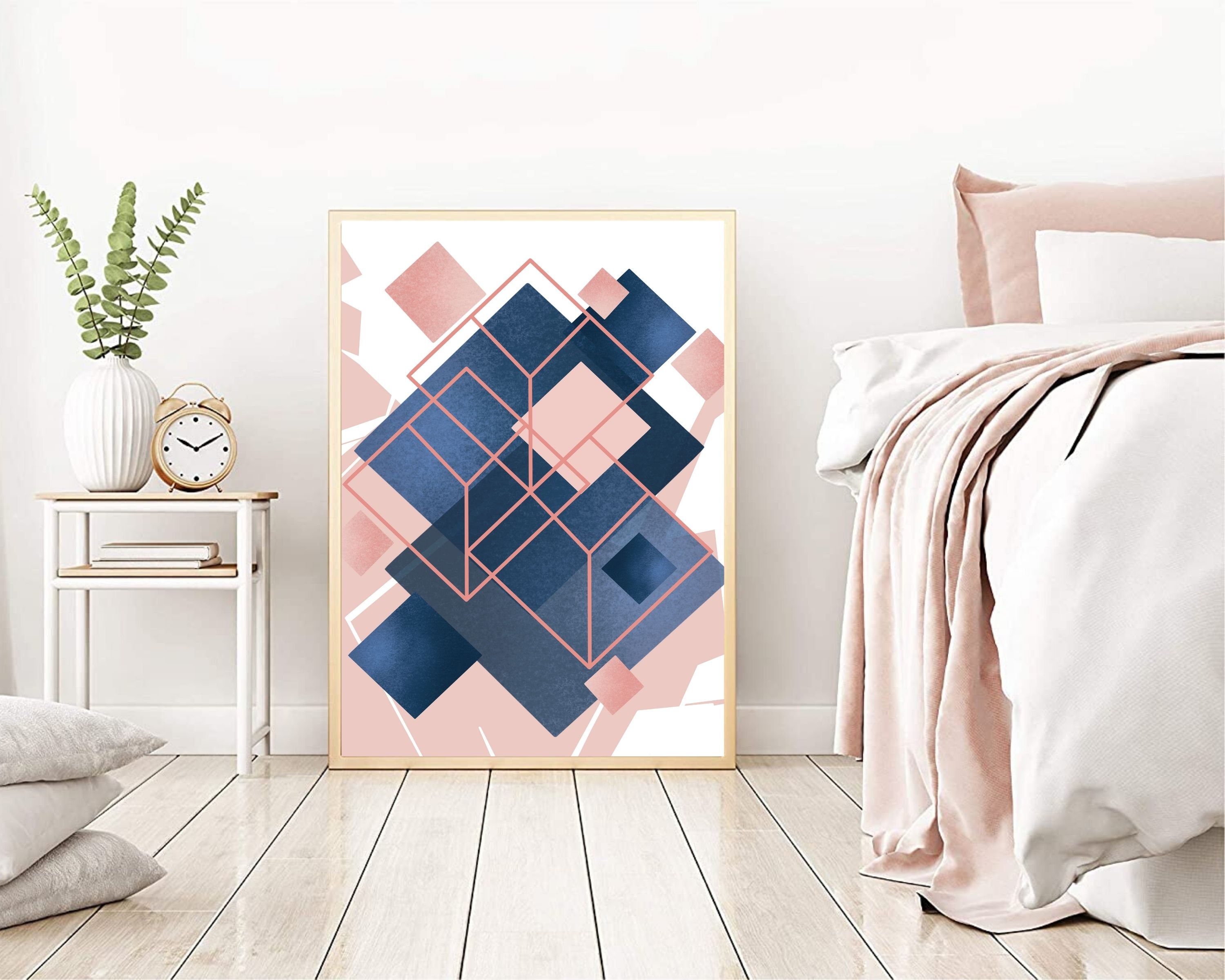 Navy Blue and Blush Pink Geometric Prints | Pink and Blue Abstract Art ...