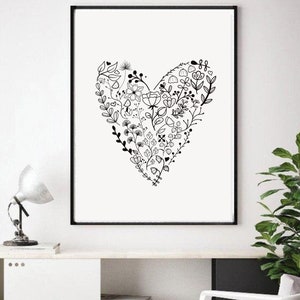 Arte Monocromática | Impressão de coração | Impressão Preto e Branco | Arte para impressão | Impressão digital de arte de linha de flor | Estampas Boho | Arte moderna na parede