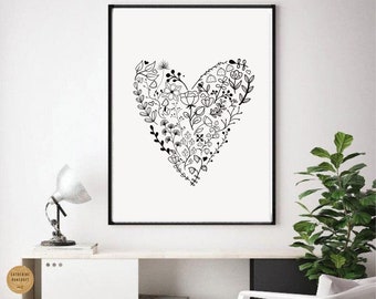 Monochrome Art | Heart Print | Black and White Print | Printable Art | Flower Line Art Digital Print | Boho Prints | Modern Wall Art