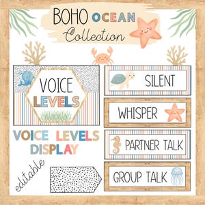 May include: A Boho Ocean Collection classroom display set featuring a Voice Levels chart with sea creature illustrations including a turtle, starfish, crab, and jellyfish. The set includes labels for Silent, Whisper, Partner Talk, and Group Talk.